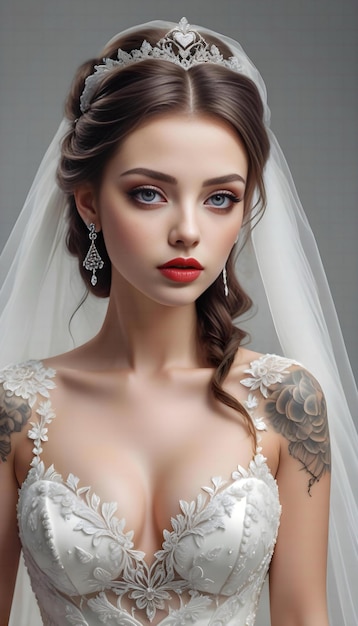 Fashion studio photo of gorgeous bride with dark hair in luxurious wedding dress and accessories