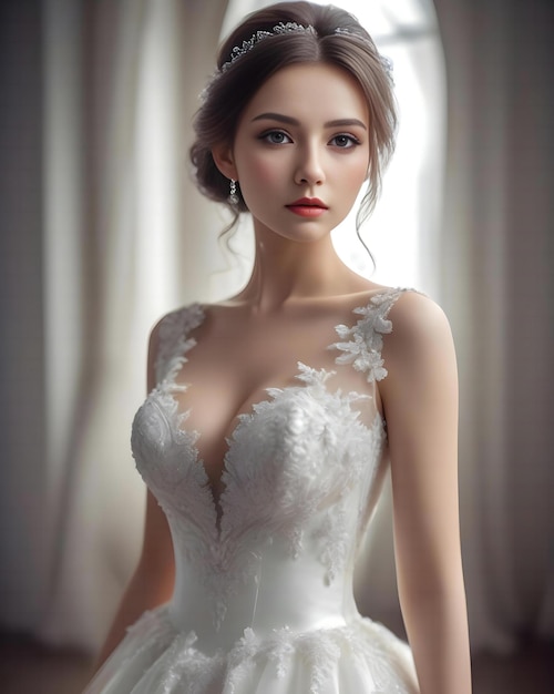 Fashion studio photo of gorgeous bride with dark hair in luxurious wedding dress