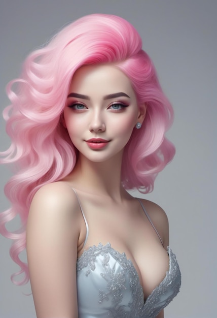 Fashion studio photo of gorgeous woman with pink hair in elegant lingerie