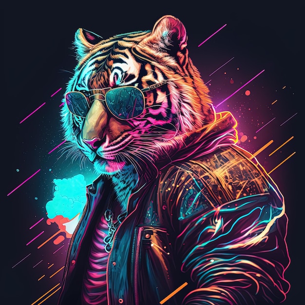 Fashion tiger in leather jacket and sunglasses Generative AI Not based on any actual scene