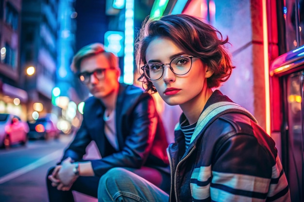 Photo fashion tomboy teen hipster short hairstyle gen z girl wear stylish clothes glasses sitting on street near neon sign female model man look at camera in city night light