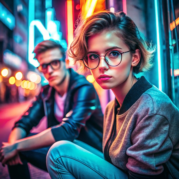 Photo fashion tomboy teen hipster short hairstyle gen z girl wear stylish clothes glasses sitting on street near neon sign female model man look at camera in city night light