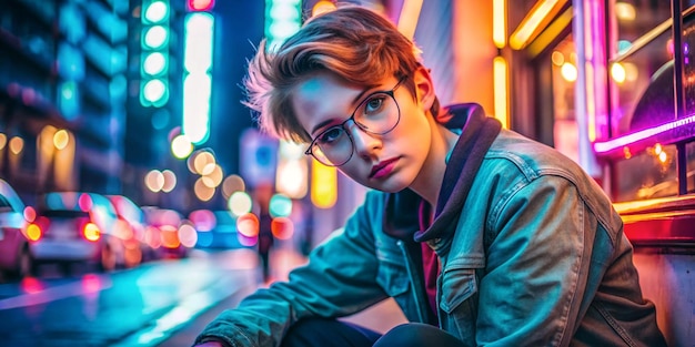 Photo fashion tomboy teen hipster short hairstyle gen z girl wear stylish clothes glasses sitting on street near neon sign female model man look at camera in city night light