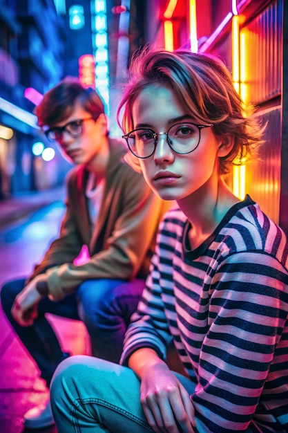 Photo fashion tomboy teen hipster short hairstyle gen z girl wear stylish clothes glasses sitting on street near neon sign female model man look at camera in city night light