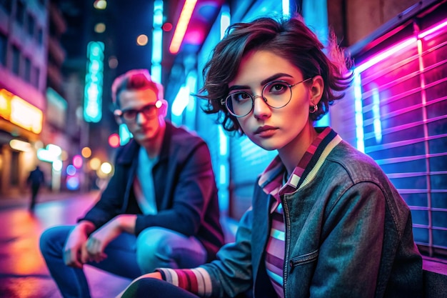 Photo fashion tomboy teen hipster short hairstyle gen z girl wear stylish clothes glasses sitting on street near neon sign female model man look at camera in city night light