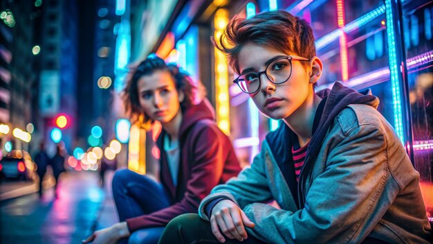 Photo fashion tomboy teen hipster short hairstyle gen z girl wear stylish clothes glasses sitting on street near neon sign female model man look at camera in city night light