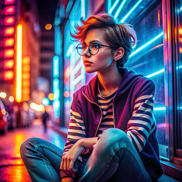 Photo fashion tomboy teen hipster short hairstyle gen z girl wear stylish clothes glasses sitting on street near neon sign female model woman look away in city night light 80s 90s style glow