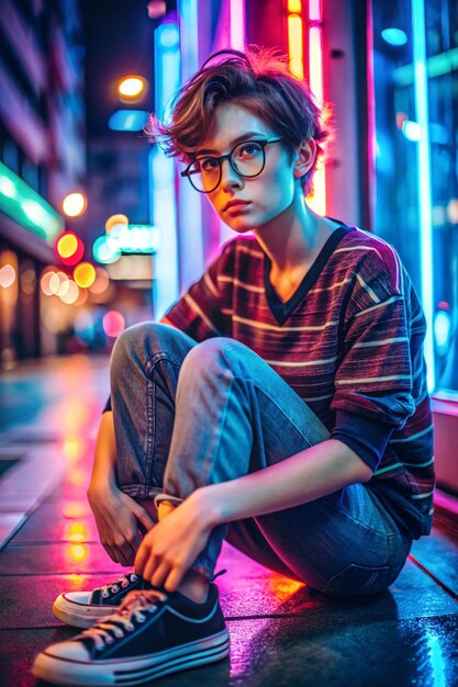 Photo fashion tomboy teen hipster short hairstyle gen z girl wear stylish clothes glasses sitting on street near neon sign female model woman look away in city night light 80s 90s style glow