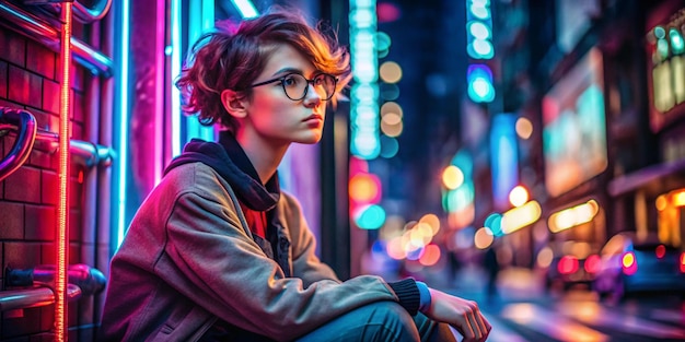 Photo fashion tomboy teen hipster short hairstyle gen z girl wear stylish clothes glasses sitting on street near neon sign female model woman look away in city night light 80s 90s style glow