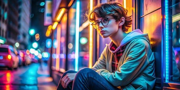 Photo fashion tomboy teen hipster short hairstyle gen z girl wear stylish clothes glasses sitting on street near neon sign female model woman look away in city night light 80s 90s style glow