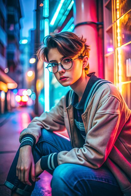 Photo fashion tomboy teen hipster short hairstyle gen z girl wear stylish clothes glasses sitting on street near neon sign female model woman look away in city night light 80s 90s style glow