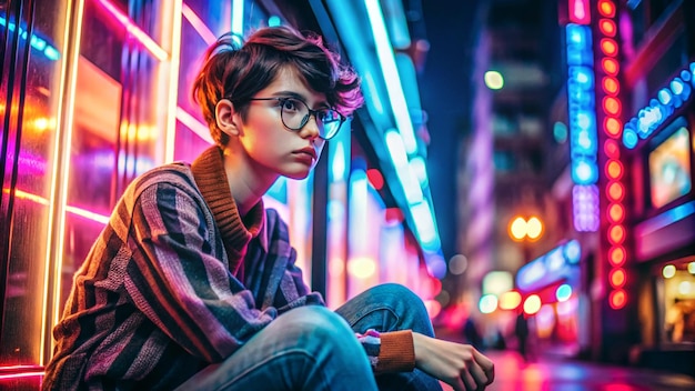 Photo fashion tomboy teen hipster short hairstyle gen z girl wear stylish clothes glasses sitting on street near neon sign female model woman look away in city night light 80s 90s style glow