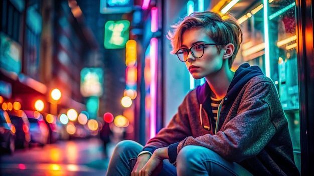 Photo fashion tomboy teen hipster short hairstyle gen z girl wear stylish clothes glasses sitting on street near neon sign female model woman look away in city night light 80s 90s style glow