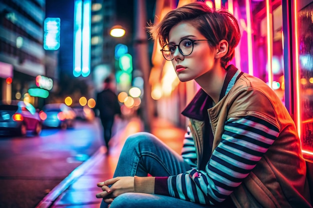 Photo fashion tomboy teen hipster short hairstyle gen z girl wear stylish clothes glasses sitting on street near neon sign female model woman look away in city night light 80s 90s style glow