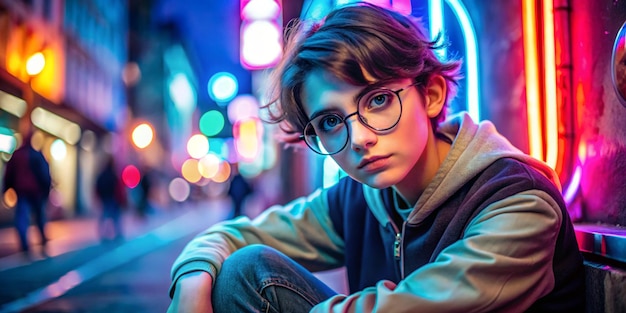 Photo fashion tomboy teen hipster short hairstyle gen z girl wear stylish clothes glasses sitting on street near neon sign female model woman look at camera in city night light 80s style glow