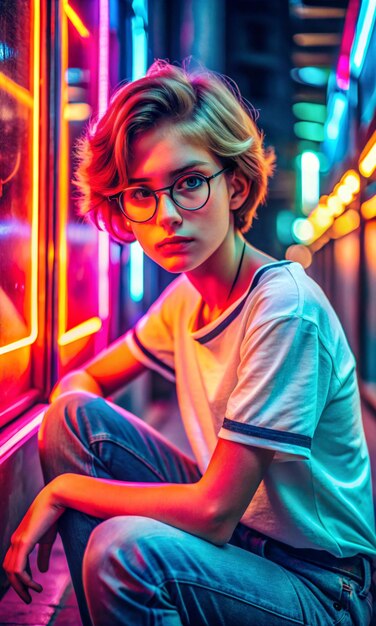 Photo fashion tomboy teen hipster short hairstyle gen z girl wear stylish clothes glasses sitting on street near neon sign female model woman look at camera in city night light 80s style glow