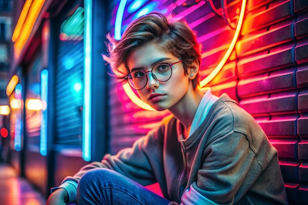 Photo fashion tomboy teen hipster short hairstyle gen z girl wear stylish clothes glasses sitting on street near neon sign female model woman look at camera in city night light 80s style glow