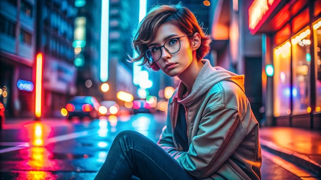 Photo fashion tomboy teen hipster short hairstyle gen z girl wear stylish clothes glasses sitting on street near neon sign female model woman look at camera in city night light 80s style glow