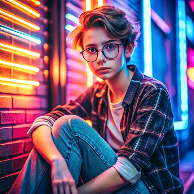 Photo fashion tomboy teen hipster short hairstyle gen z girl wear stylish clothes glasses sitting on street near neon sign female model woman look at camera in city night light 80s style glow