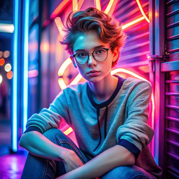 Fashion tomboy teen hipster short hairstyle gen z girl wear stylish clothes glasses sitting on street near neon sign female model woman look at camera in city night light 80s style glow