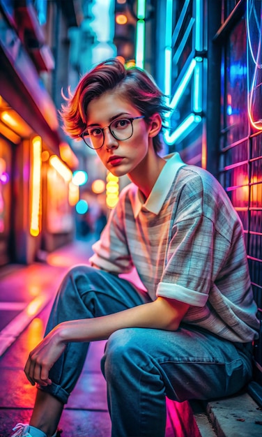 Photo fashion tomboy teen hipster short hairstyle gen z girl wear stylish clothes glasses sitting on street near neon sign female model woman look at camera in city night light 80s style glow