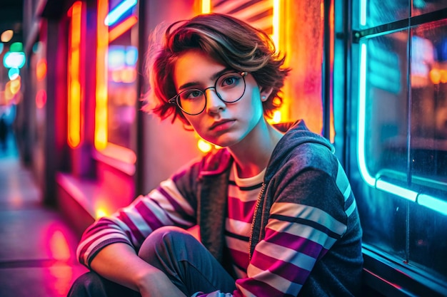 Photo fashion tomboy teen hipster short hairstyle gen z girl wear stylish clothes glasses sitting on street near neon sign female model woman look at camera in city night light 80s style glow