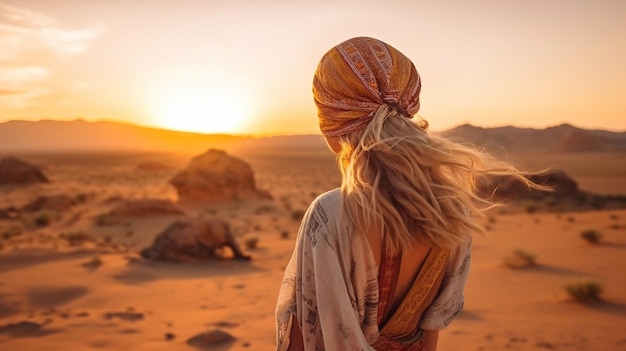 fashion tribal woman in turban and wild animals in desert