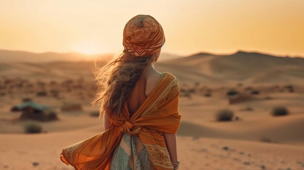 fashion tribal woman in turban and wild animals in desert