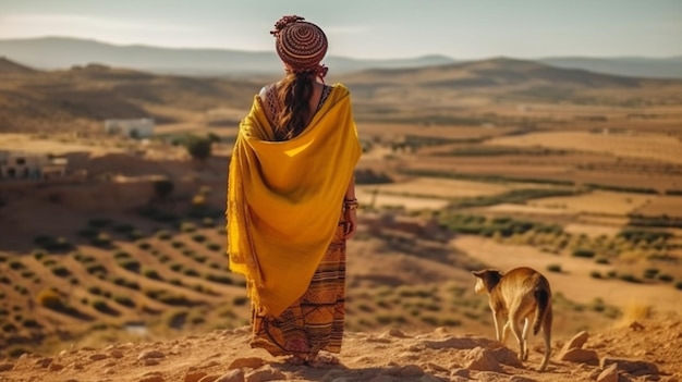 fashion tribal woman in turban and wild animals in desert