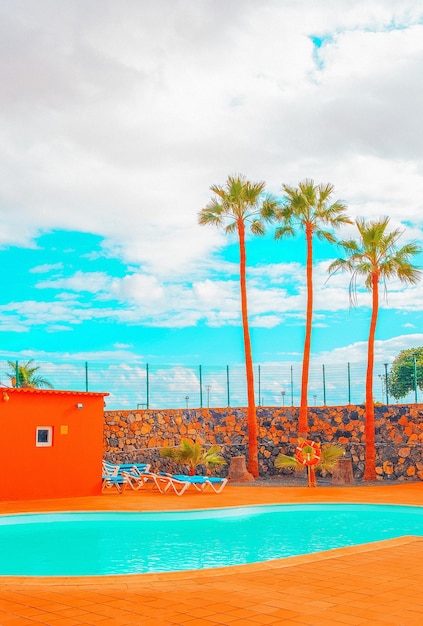 Fashion tropical minimal location. Swimming pool complex and Palm. Canary islands.  Travel aesthetics wallpaper