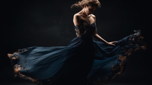 Fashion woman and elegant dress flying and style beauty on dark background