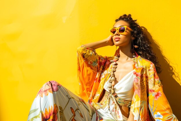 Fashion woman portrait photo shoot featuring bold yellow background