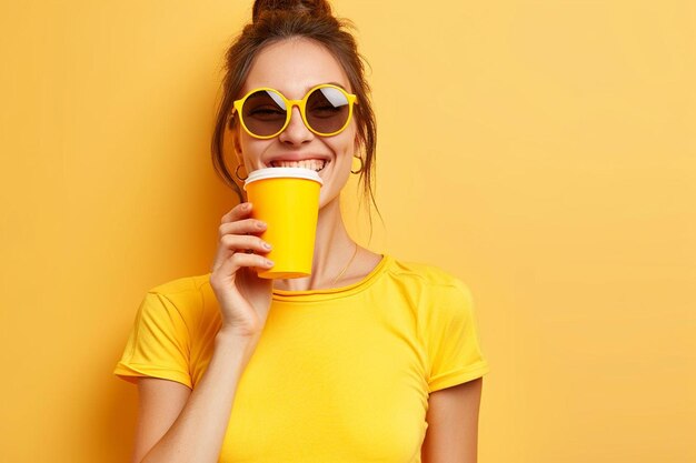 Fashion woman in sunglasses holding coffee cup