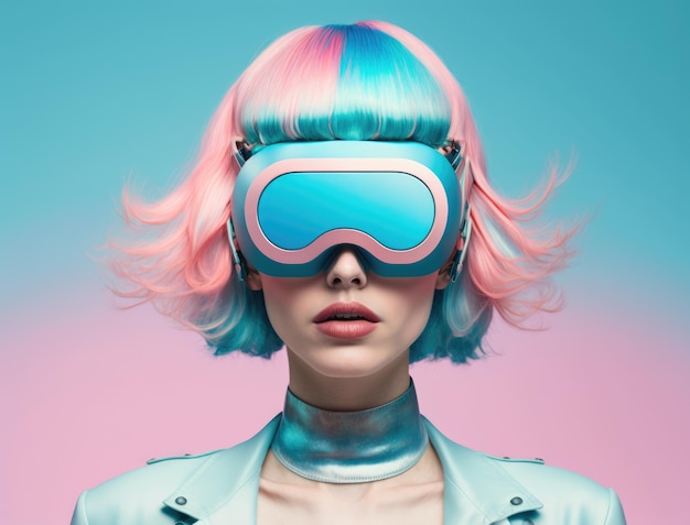 Fashion woman wearing vr glasses with blue and pink hair generative ai