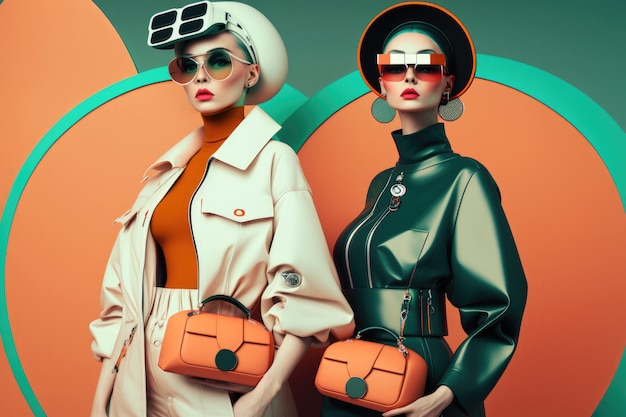 Fashion women wearing retro futuristic style clothes and big amazing sunglasses Generative AI