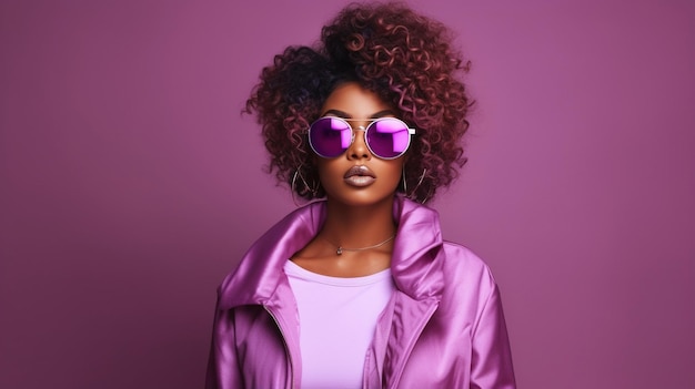 Fashion young african girl black woman wear stylish pink glasses clothes looking at camera isolated on party purple studio background