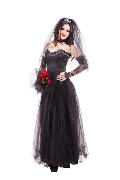 Fashion young gothic bride isolated on white background