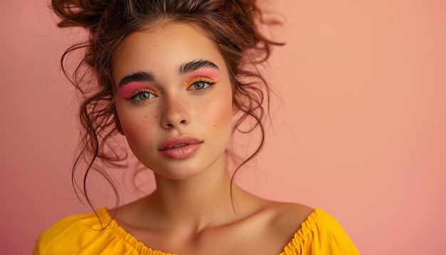 Photo fashion young millennial woman smiling bold makeup copy space natural beauty bright yellow and pink colors background wallpaper backdrop