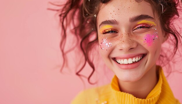 Photo fashion young millennial woman smiling bold makeup copy space natural beauty bright yellow and pink colors background wallpaper backdrop