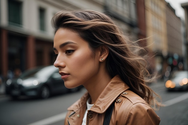 Fashion Young stylish woman walking on the city street looking aside curious