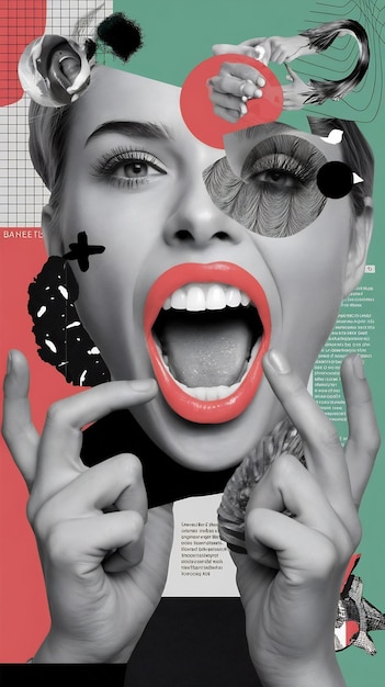 Photo fashionable abstract collage in magazine style a womans screaming mouth and fingers around