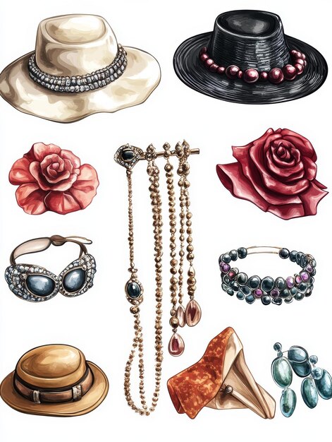 Fashionable Accessories Set Hats Jewelry and Flowers