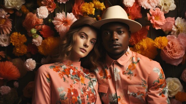 Fashionable african american man and caucasian woman in floral shirt and hat on floral background