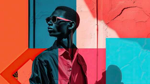 Photo fashionable african american man in sunglasses posing against bright geometric shapes and textures b