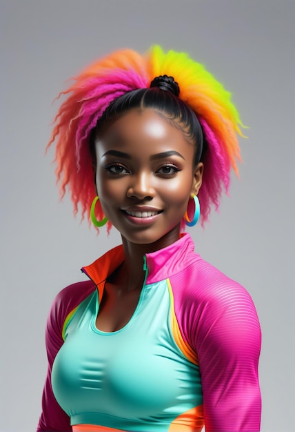 Fashionable african american woman with colorful hairstyle posing in studio