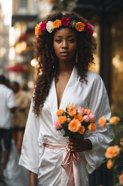 Fashionable African American woman with flowers in hair posing in street