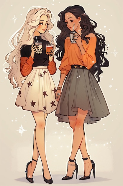 Fashionable Anime Friends Enjoying Bubble Tea