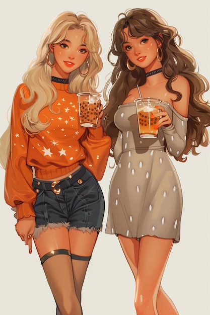 Fashionable Anime Friends Enjoying Bubble Tea