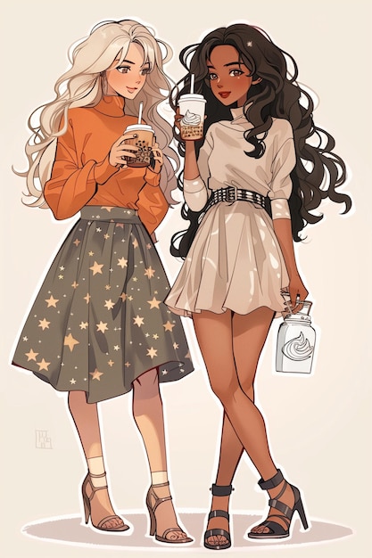 Fashionable Anime Friends Enjoying Bubble Tea