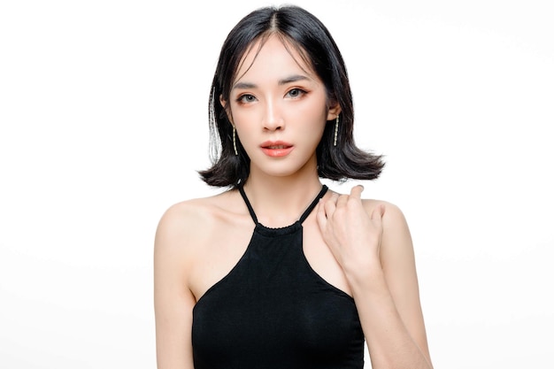 Fashionable asian woman short hair with Perfect body Cute female model with natural makeup and sparkling eyes on white isolated background Facial treatment Cosmetology beauty Concept